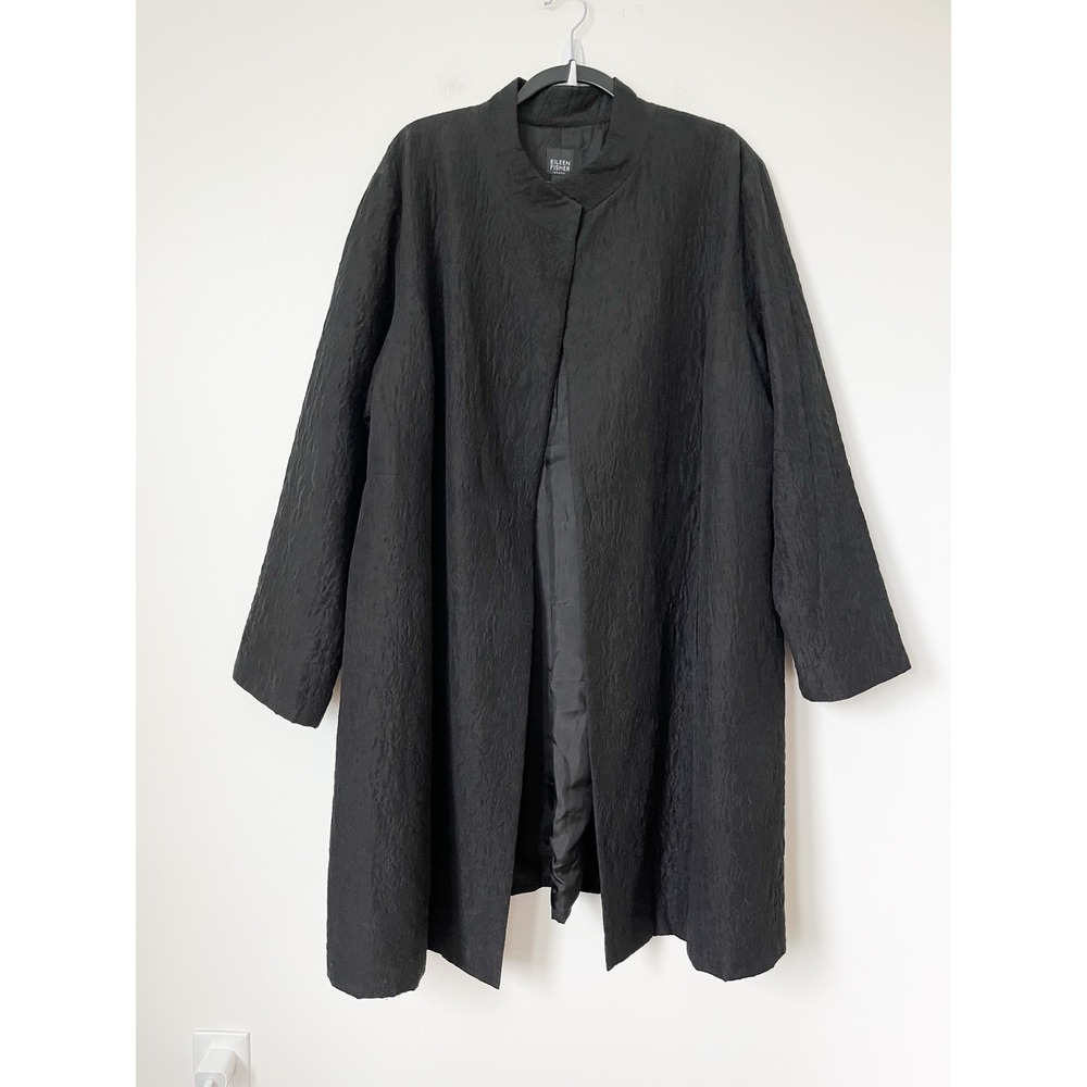 Eileen Fisher Quilted Stand Collar Silk Longline Open Jacket Womens 3X Black - Picture 2 of 12